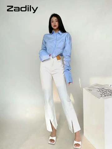 Zadily 2023 Spring Korean Style Long Sleeve White Shirt Women Sexy Button Ladies Crop Tops Blouse Street New In Female Clothing