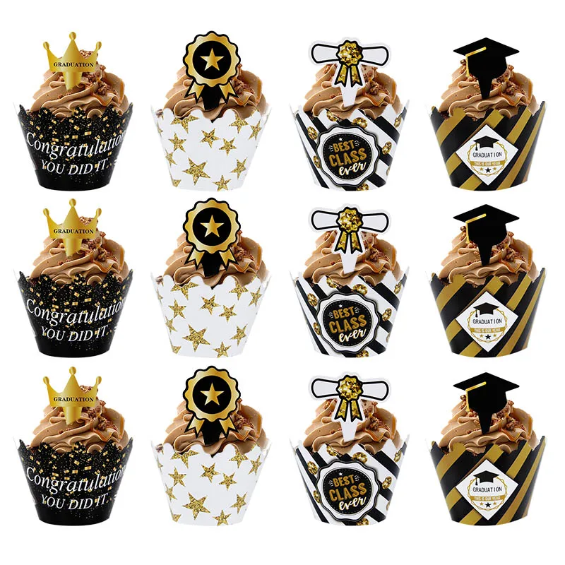 24pcs/set Graduation Party Cupcake Wrappers with Cake Topper