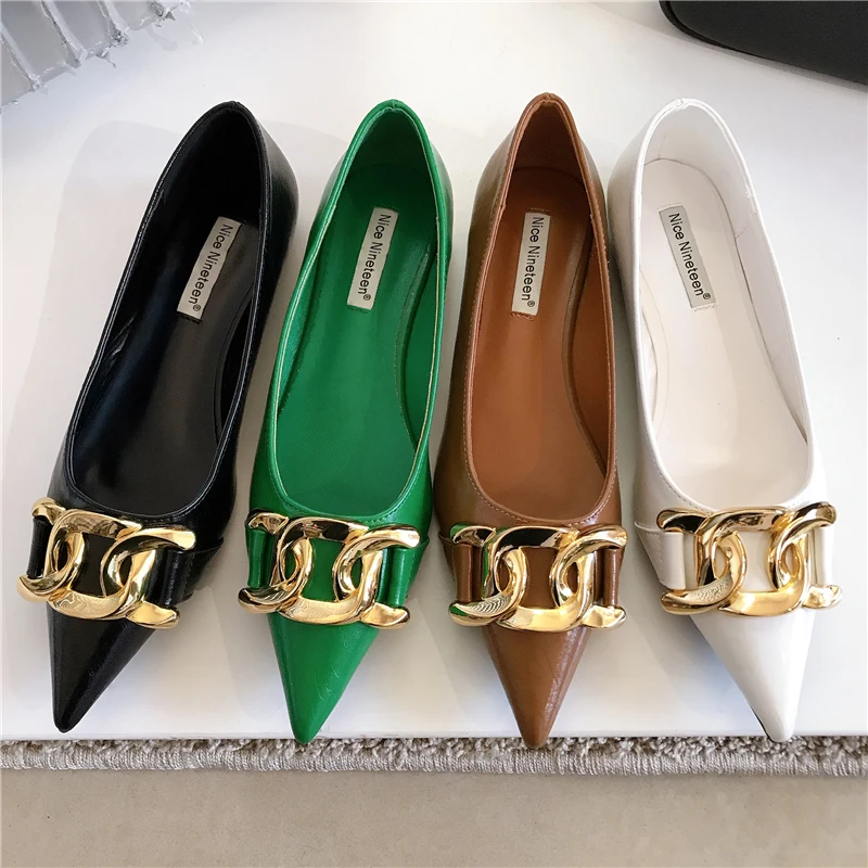 

2022 Spring Shoes Women Fashion Metal Square Buckle Flats Ballet Pointed Toe Ballerina Casual Loafers Soft Moccasins Green Mujer