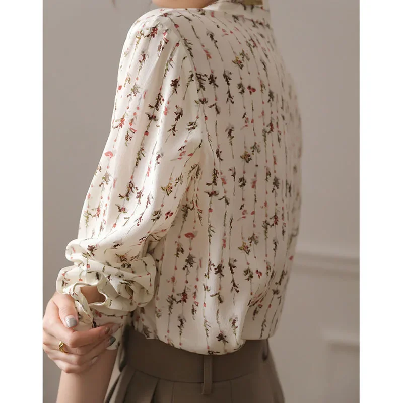 Элегантная модная женская шифоновая блузка на пуговицах с принтом универсальная