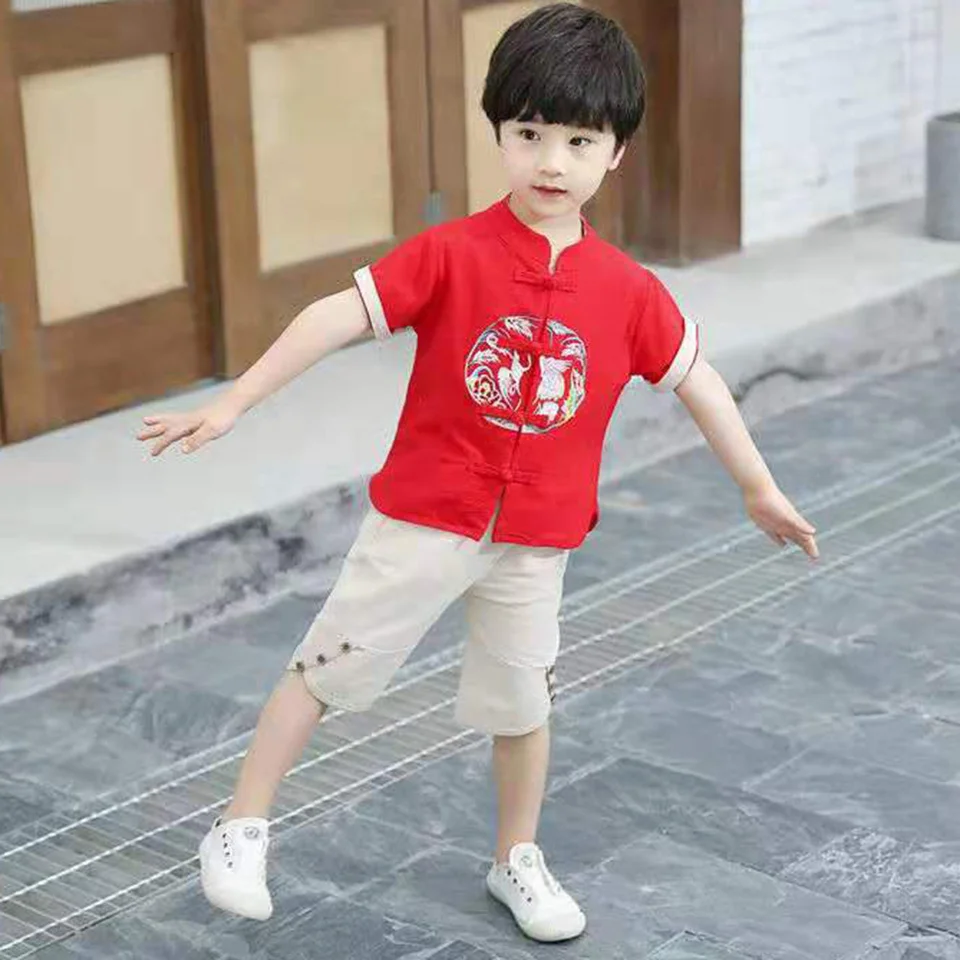 

Quality New Kids Baby High Boys Cool Summer Clothing Sets Tops+ Short Pants Sets Children Boy Chinese Style 2Pcs Suits Outfits