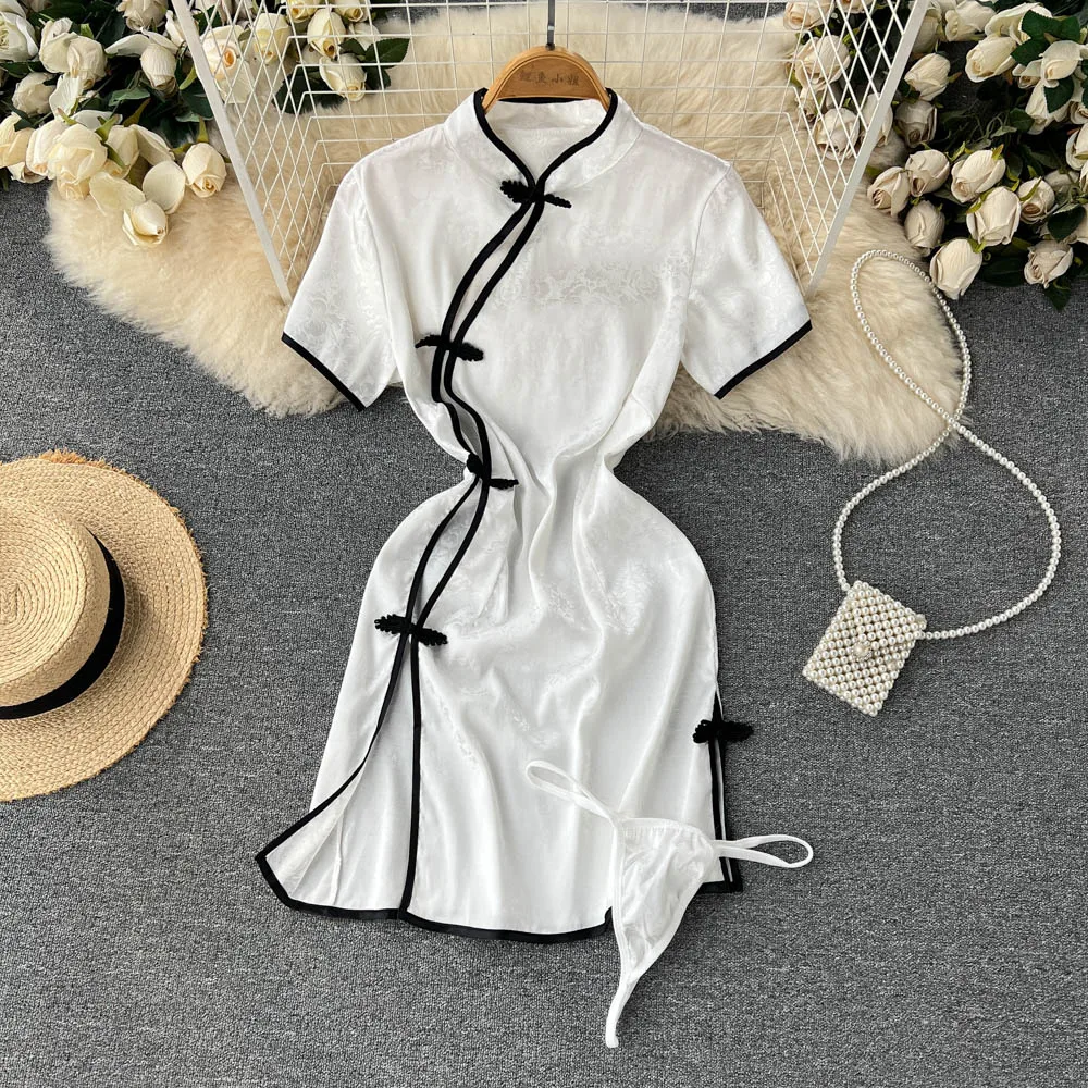 

Chinese Style Cheongsam Womens Summer Clothes Sweet&Spicy Vintage Black Buttons Dresses White Slit Bodycon Dress Dropshipping