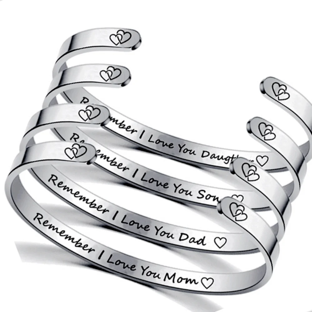 

Silver Tone Stainless Steel Bangles Engraved Heart Men Women Bracelets Adjustable Shape C Anniversary Festival Gift for Mom Dad