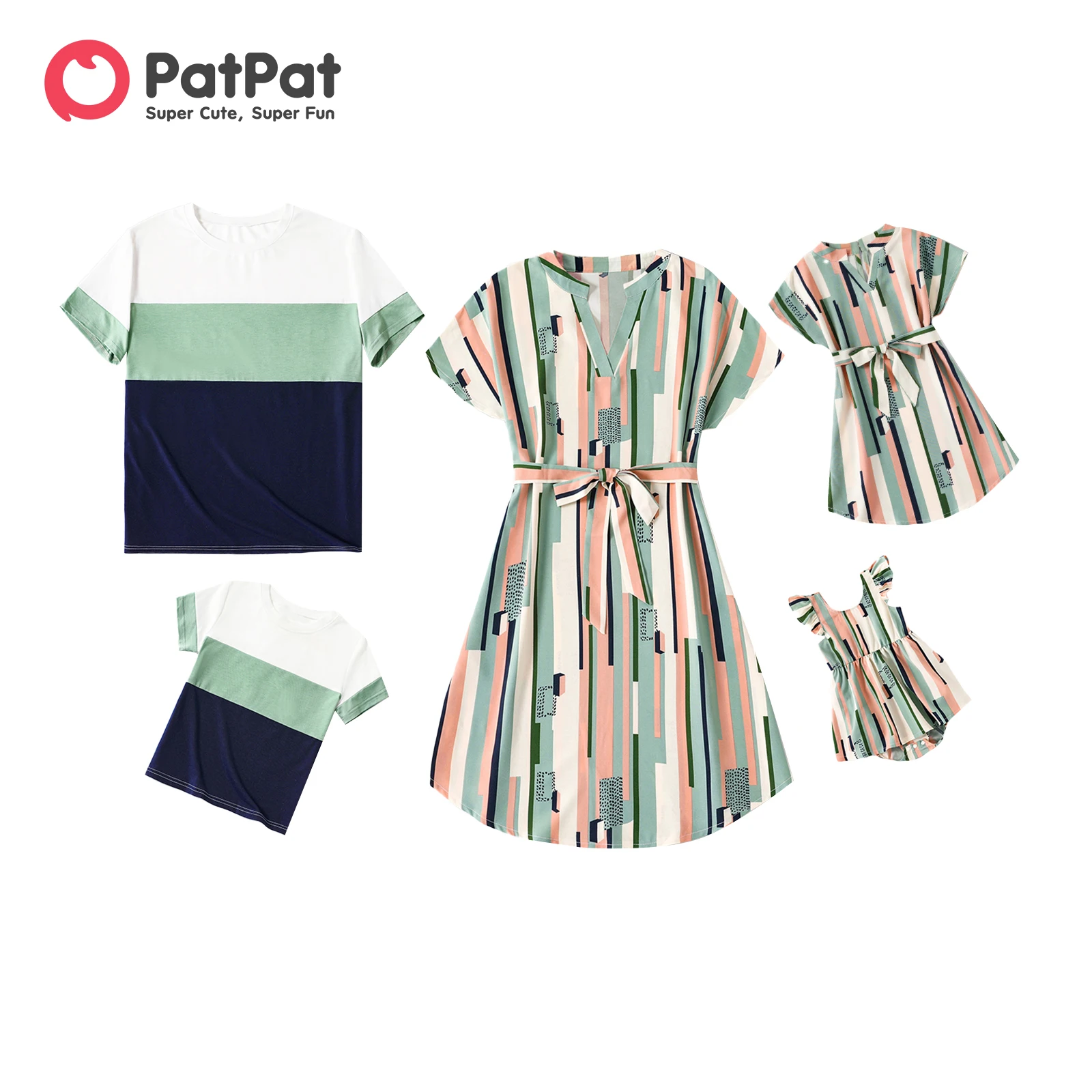 

PatPat Family Matching Geometric Striped V Neck Drop Shoulder Belted Dresses and Colorblock Short-sleeve T-shirts Sets