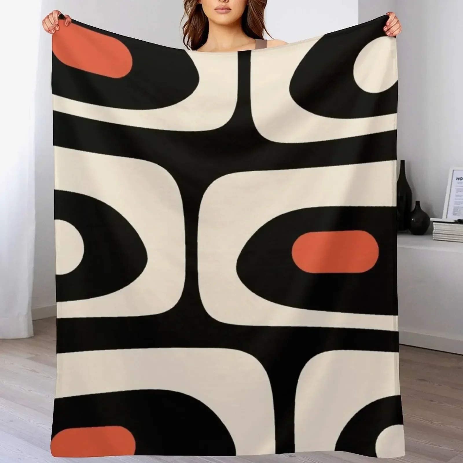 Современное одеяло середины века с абстрактным узором черное оранжевое