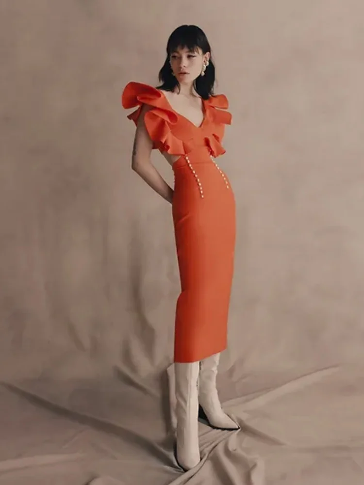 Новое INS женское 2024 модное сексуальное оранжевое облегающее платье миди с