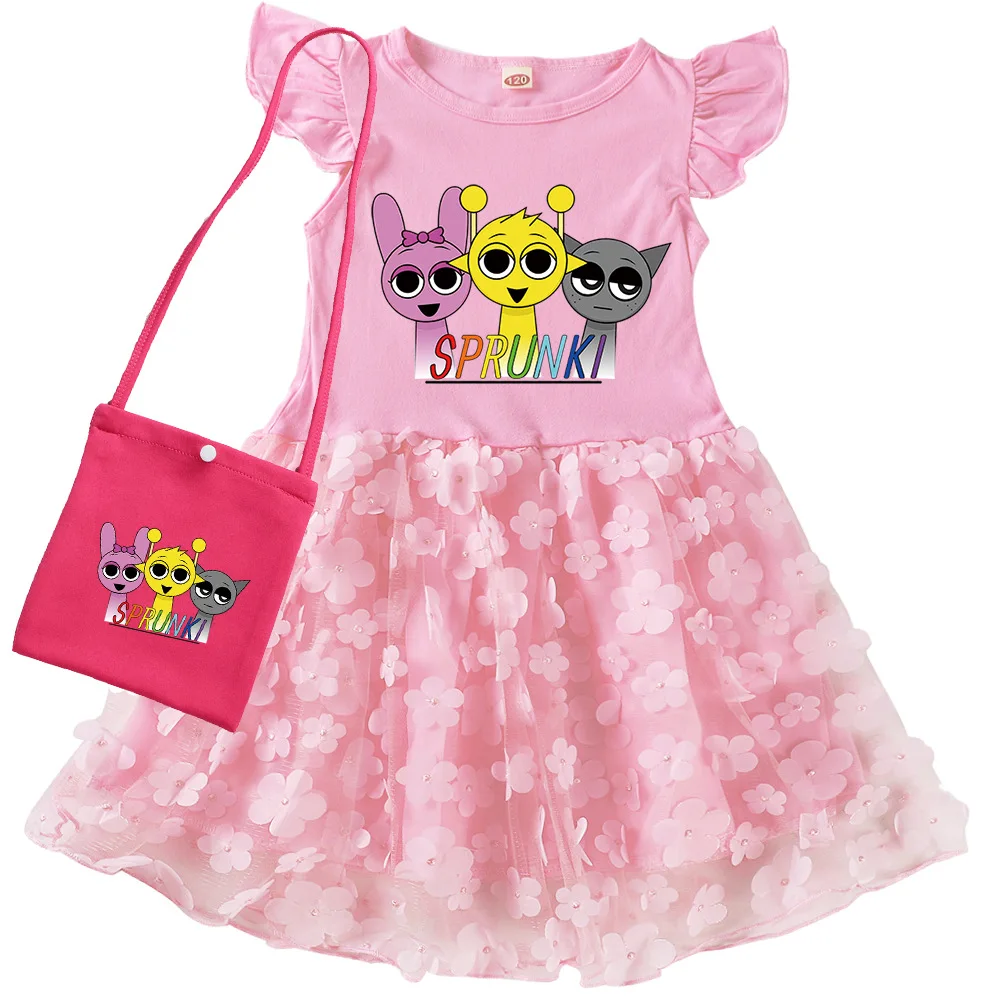 Sprunkis Lovely Cartoon Printed Fly Sleeves Yarn Skirt for Kid Girls Game Beat Boxeses Kawayi Dress Party Costumes