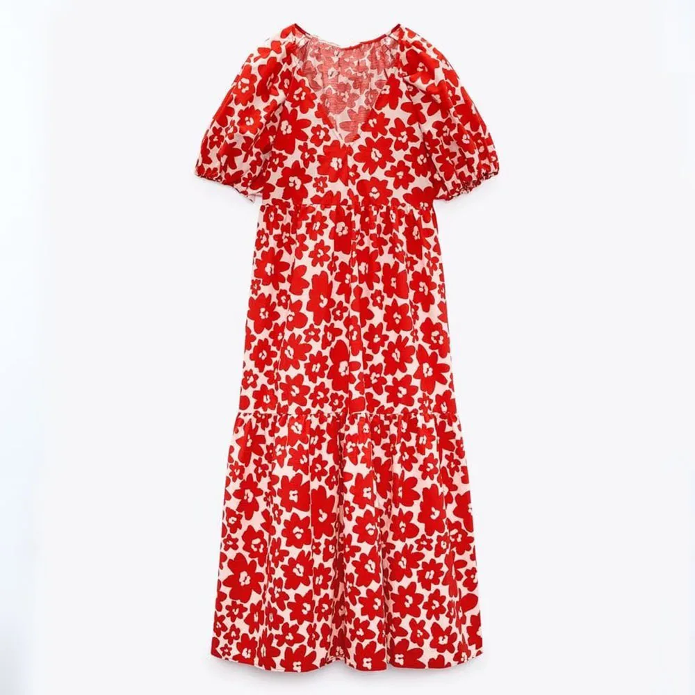 

PB & ZA 2022 summer new fashion elegant commuting sweet women's clothing gentle printed V-neck small floral poplin long dress