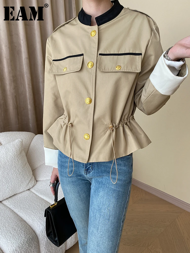 

[EAM] Khaki Color-block Drawstring Big Size Jacket New Stand Collar Long Sleeve Women Coat Fashion Spring Autumn 2023 1DF9845