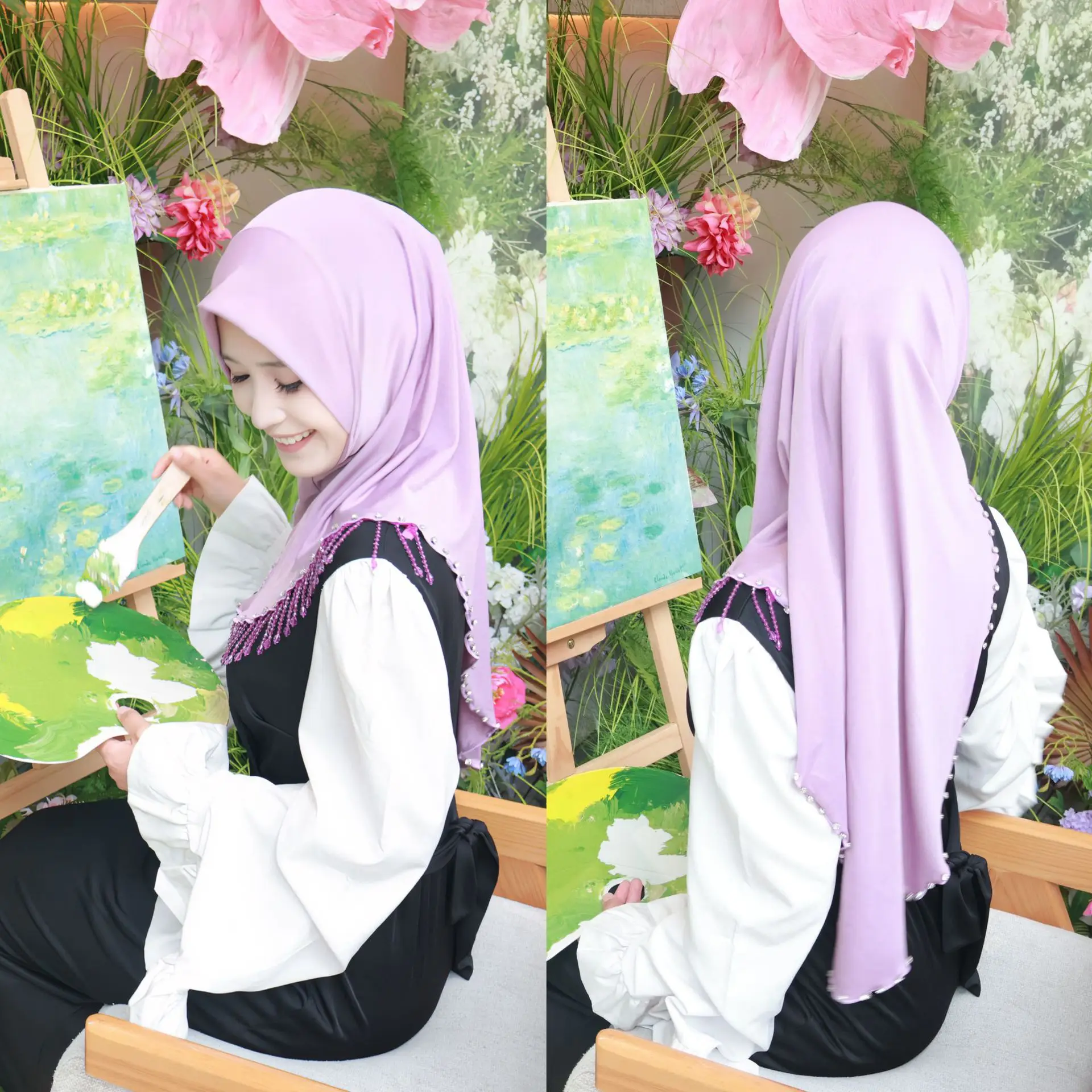 Мусульманский хиджаб с кисточками однотонный из бисера арабский женский