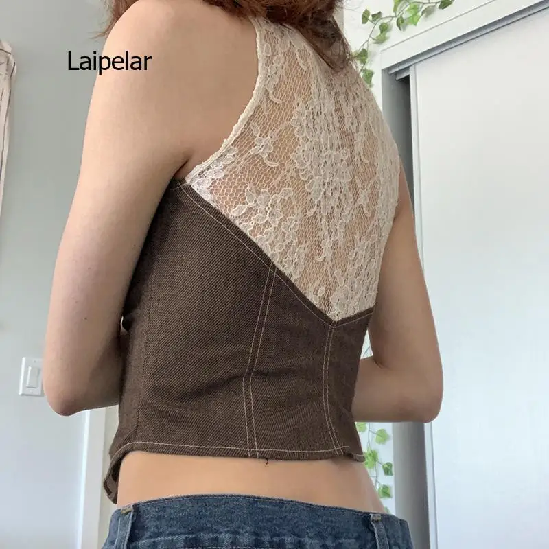 

women's lace spliced shorts, button vest, casual aesthetic vest, soft, Kawaii T-shirt, girls' clothing,