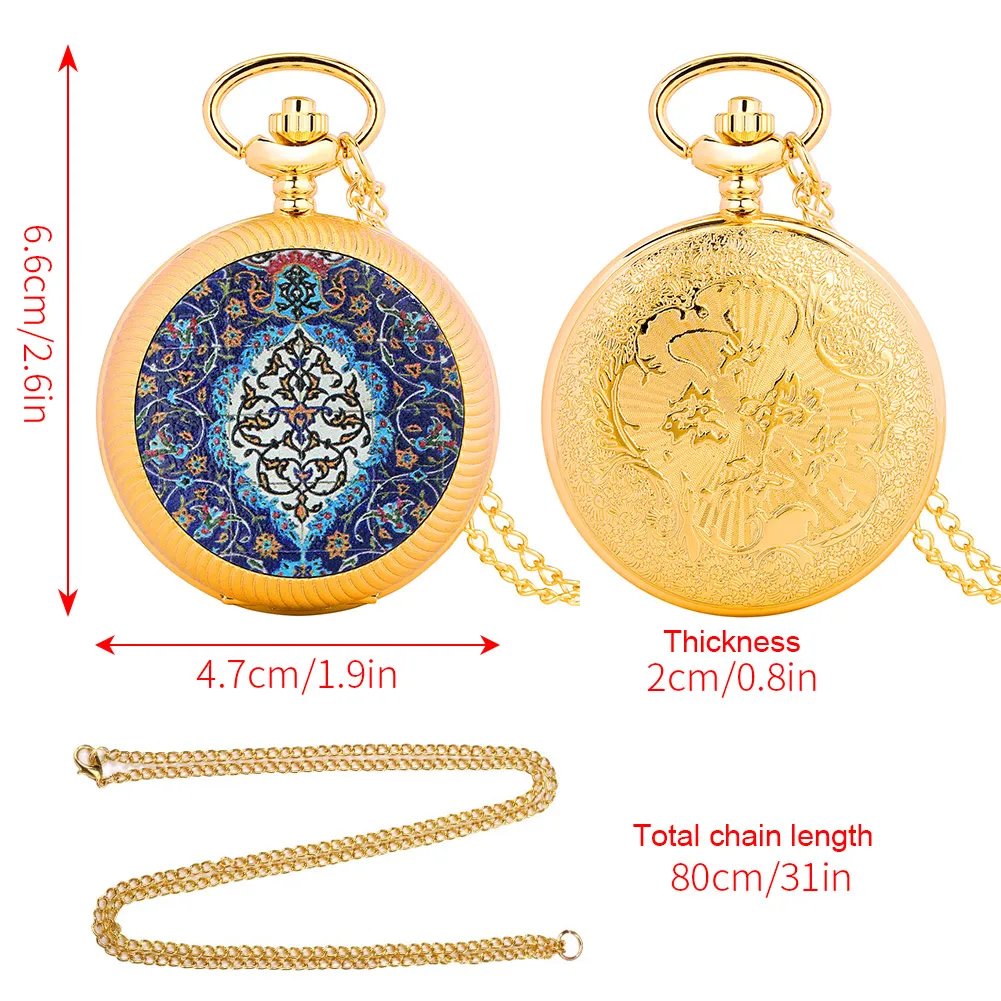 Pocket Watch for Women Men Gift Lucky Symbol Pattern Turnable Dial Luxury Fob Quartz Watch Pendant Necklace Reloj De Bolsillo