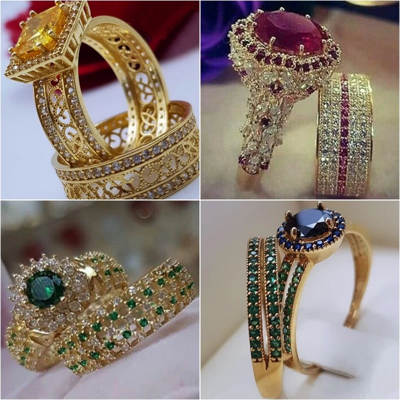

2pcs/set Luxury Gold Color Inlaid Champagne Zircon Ring Fashion Domineering Inlaid with A Circle of Zircon Engagement Set