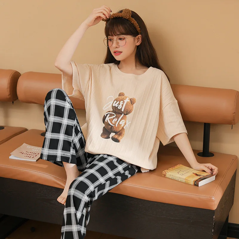 

2Pcs/Set Full-Length Pants Short sleeve Tops Pajamas sets for nightwear Summer Women's Sleepwear Cotton pjs plus sizes new