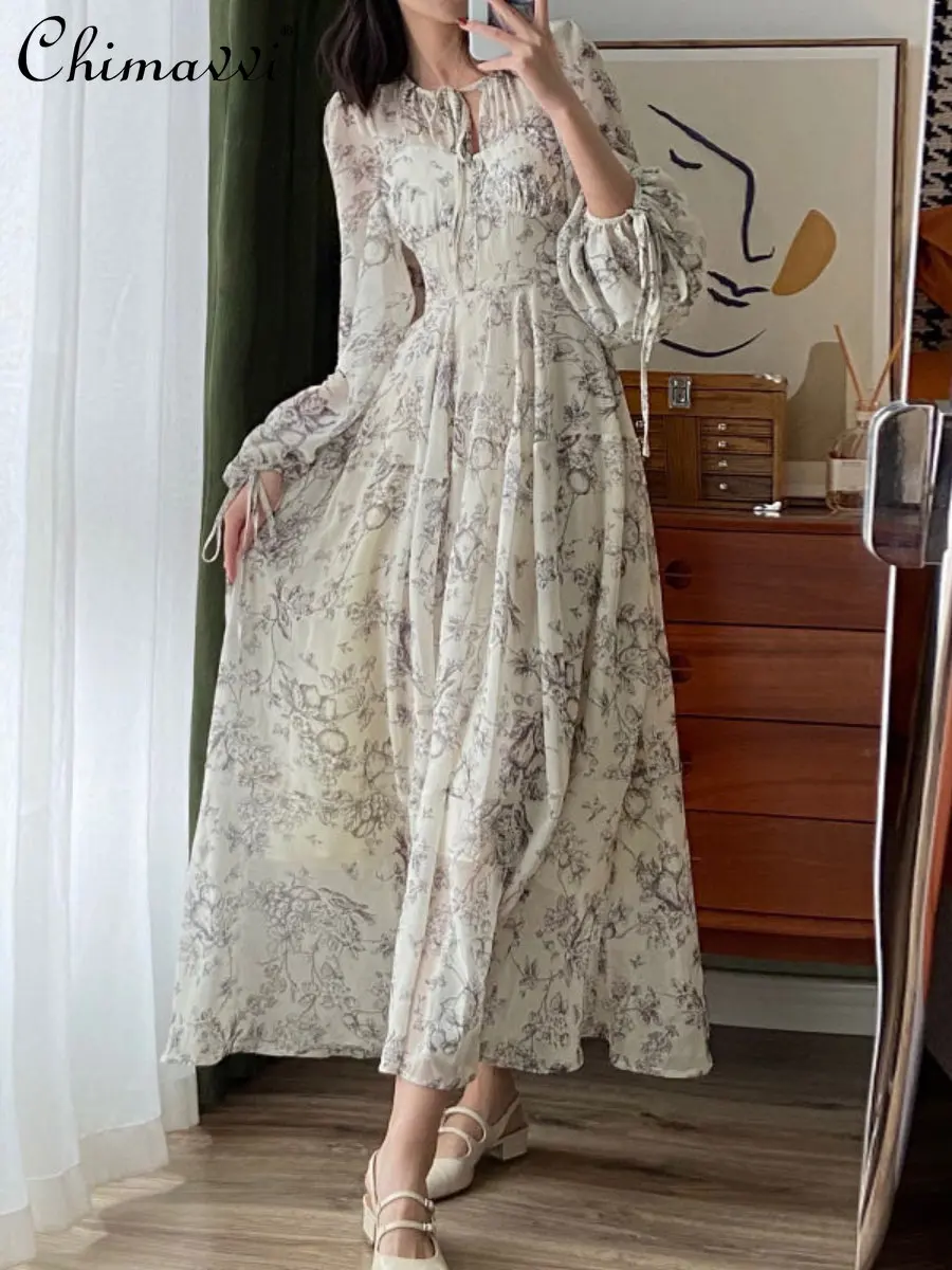 French Style Midi Dress for Women 2023 Summer Dresses New Chiffon Printing Long-sleeved Slim-fit Elegant Wide Hem Long Dress