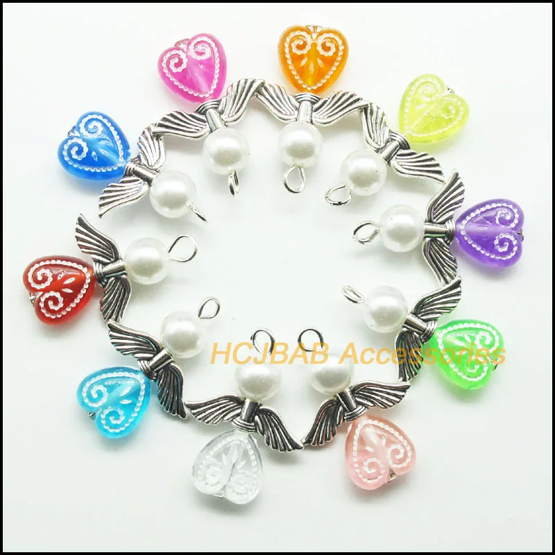 10 шт посеребренные Смешанные акриловые Цветочные Подвески в виде сердца 21x28 мм