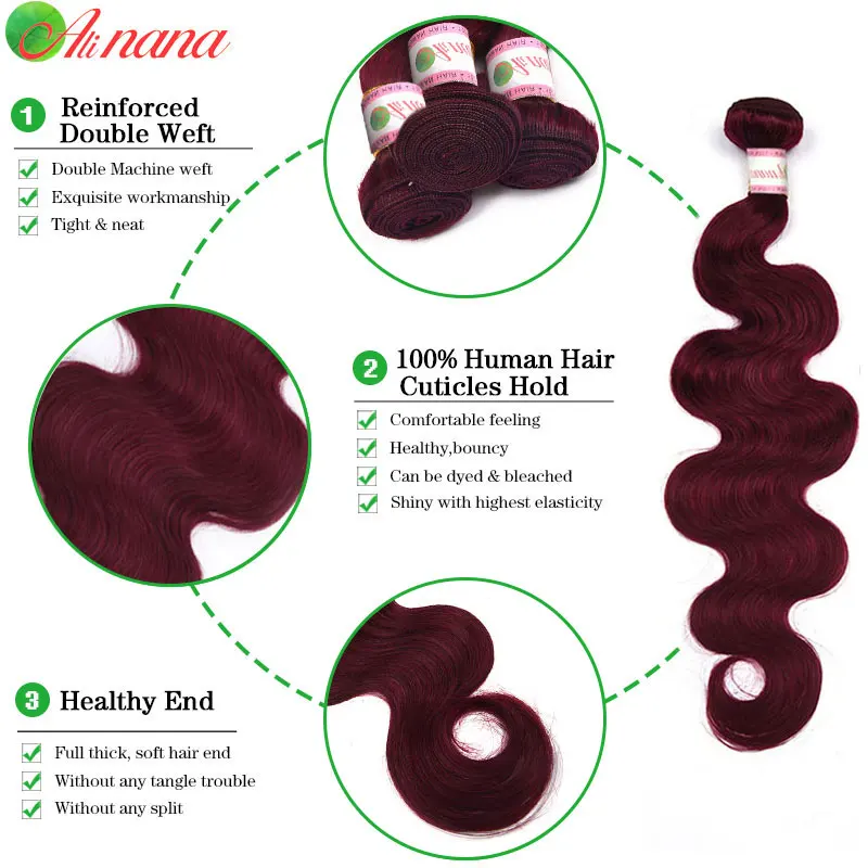 Человеческие волосы Alinana 99J волнистые с застежкой 5 Х5 бразильские темно-бордового