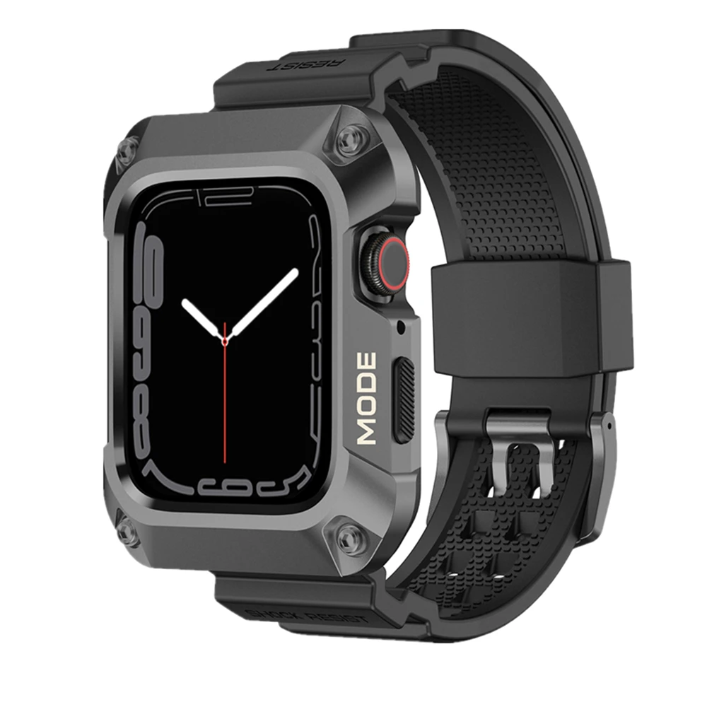 TPU Military Bracelet+Metal Case for Apple Watch Series 7 Strap 45mm Band Stainless Steel Bumper Armor for iWatch SE 6 5 4 44mm