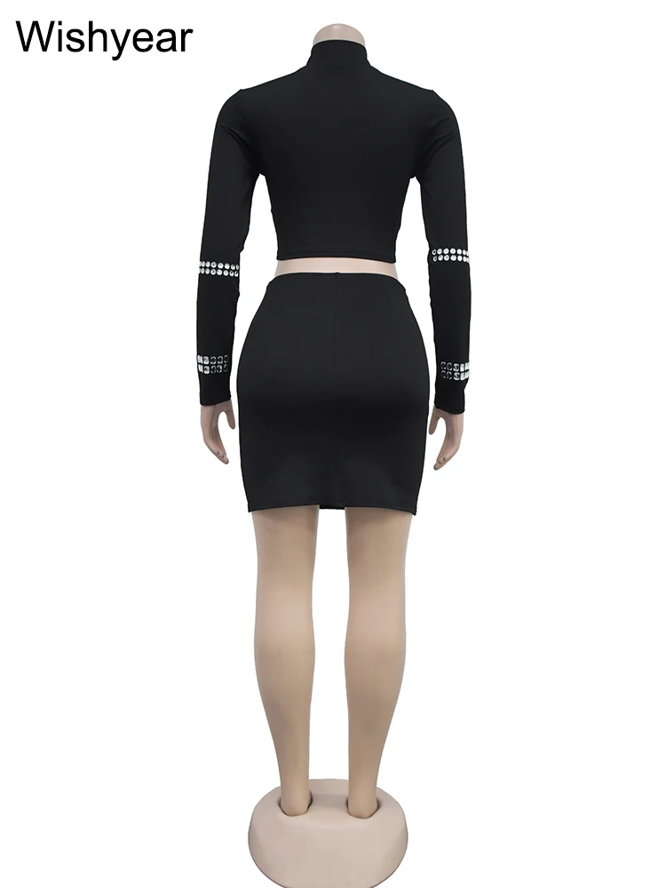 Wishyear Роскошные укороченные топы с длинными рукавами и мини-юбкой кристаллами