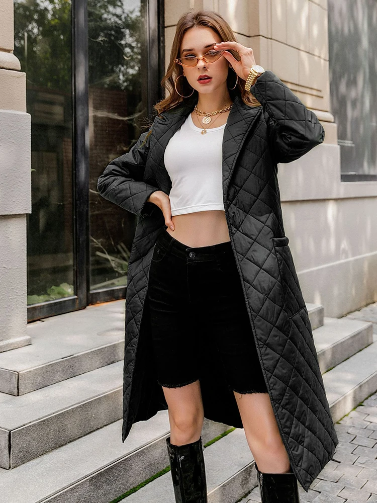 Winter Fashion Women Cotton Padded Long Coat Female Casual Pocket Sash Rhombus Padded Jacket Lapel Casual High Street Outerwears