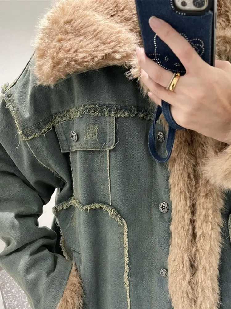 Американское винтажное джинсовое пальто из меха ягненка для женщин 2024 зимнее