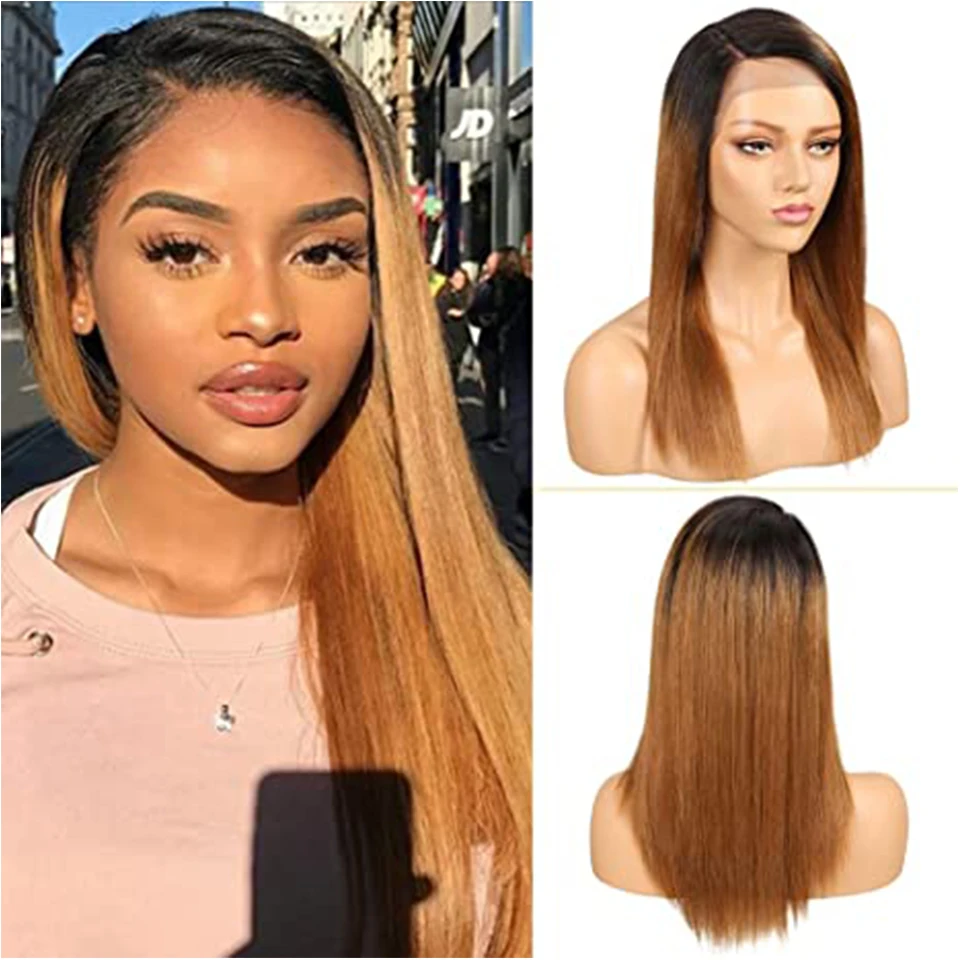 Sleek Lace Human Hair Wigs 18 Inch Long Ombre Brown Straight Brazilian Hair Wigs Red Colored Human Hair with Baby Hair for Women