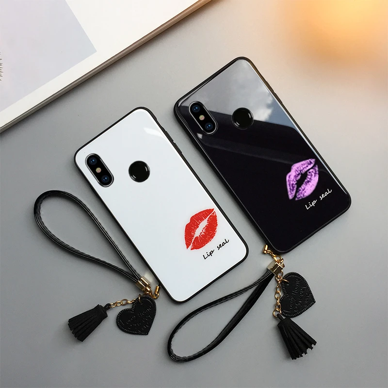 

Tempered Glass Phone Case For Samsung M31 M31S M51 M62 F62 M32 M52 A22 A32 A13 A33 A53 A73 4G 5G Red Lips Lanyard Hard Cover