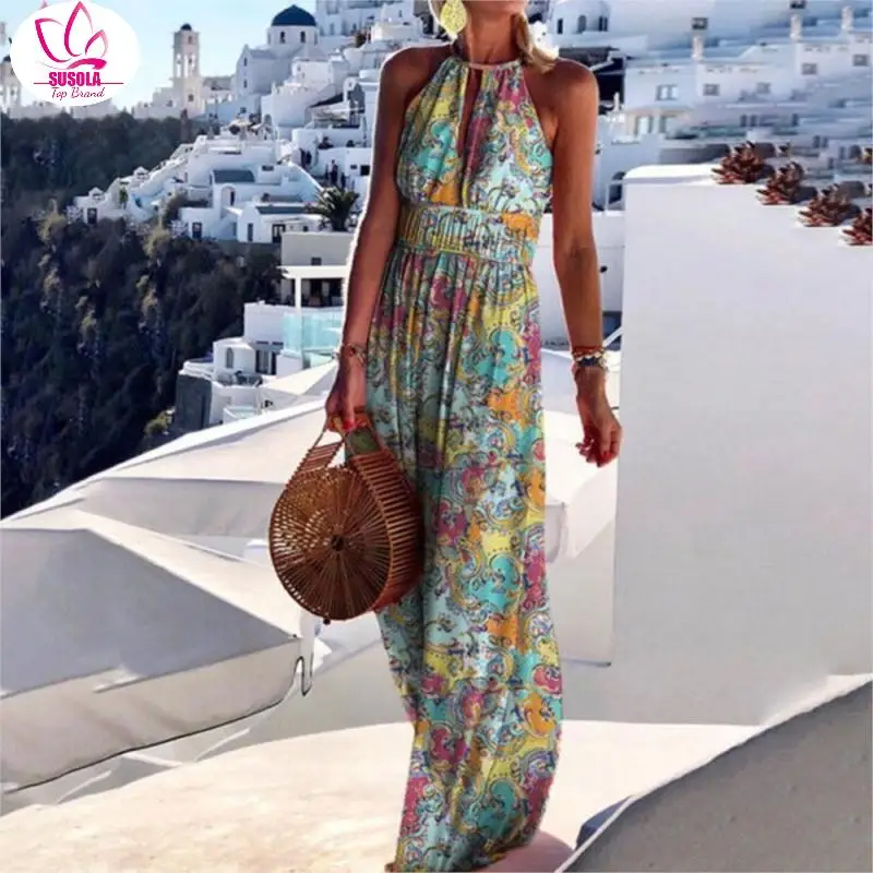 

Lady Summer Sexy Backless Long Dress Vintage Boho Print Hollow Out Maxi Dress Women Elegant Halter O Neck Sleeveless Party Dress