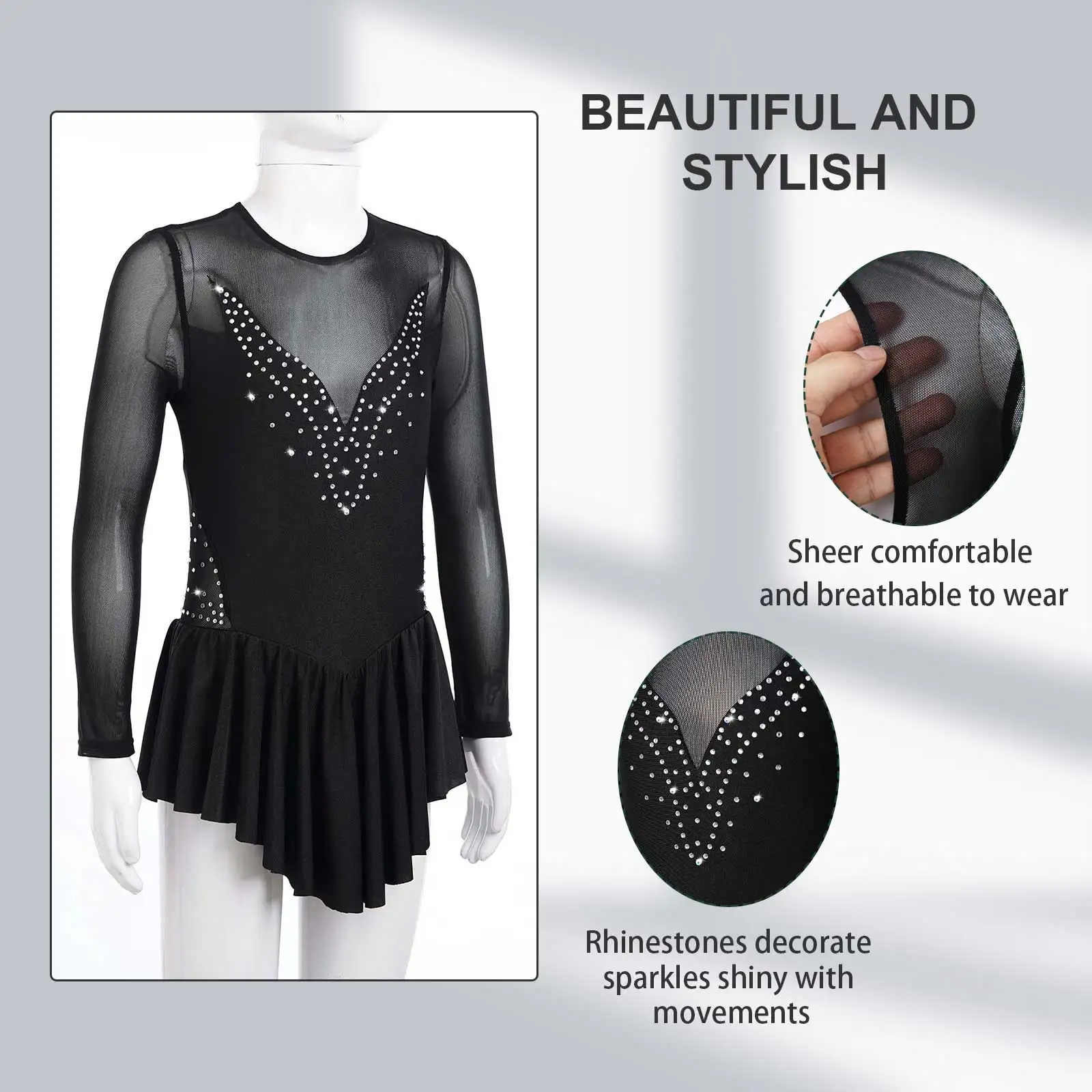 Kids Girls Sparkling Rhinestone Ice Skating Dress Dancewear Long Sleeve Hollow Back Gymnastics Leotards Tutu Mesh Ballet Dress
