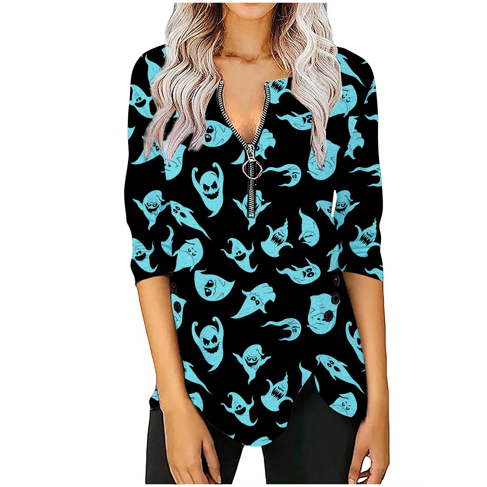 

T-Shirt For Women Halloween Ghost Printed V Neck Half Zip Sleeve Slim Festival Vacation Women Blouse Party Blouse Camisetas