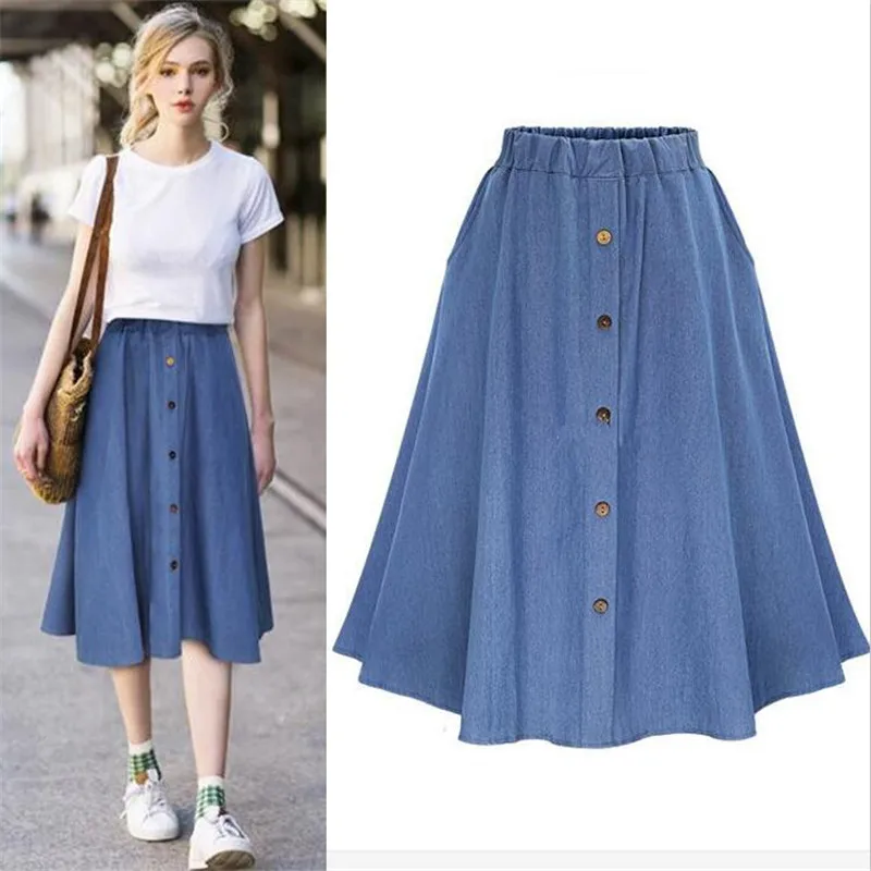 

Casual A-Line Loose Long Skirts Womens Summer 2023 New Fashion Denim Skirts Elastic High Waist Vintage Skirts Plus Size Vestido