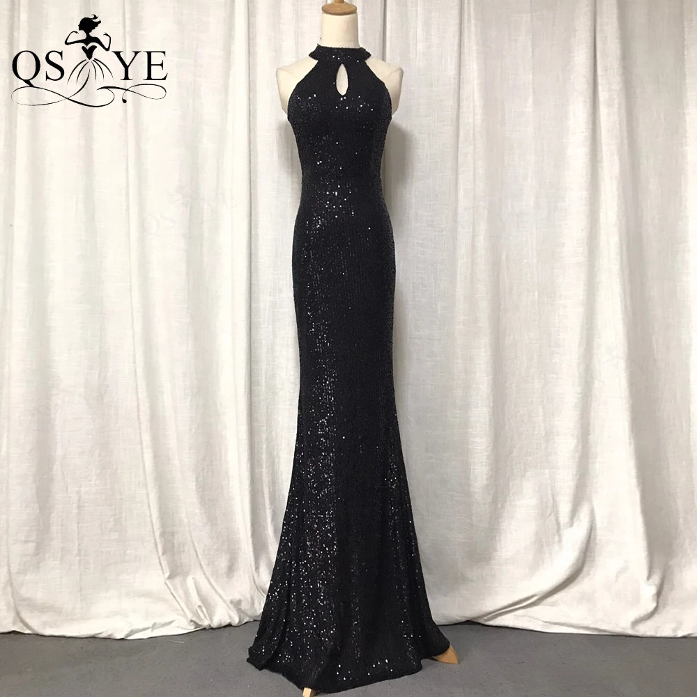 

Simple Halter Black Evening Dresses Long Sequin Prom Gown Glitter Fitted Party Dress Sleeveless Formal Gown Women Mermaid Dress