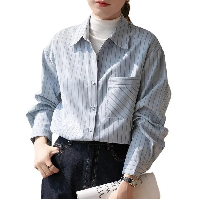 Осенняя элегантная синяя полосатая рубашка с длинным рукавом шикарная свободная