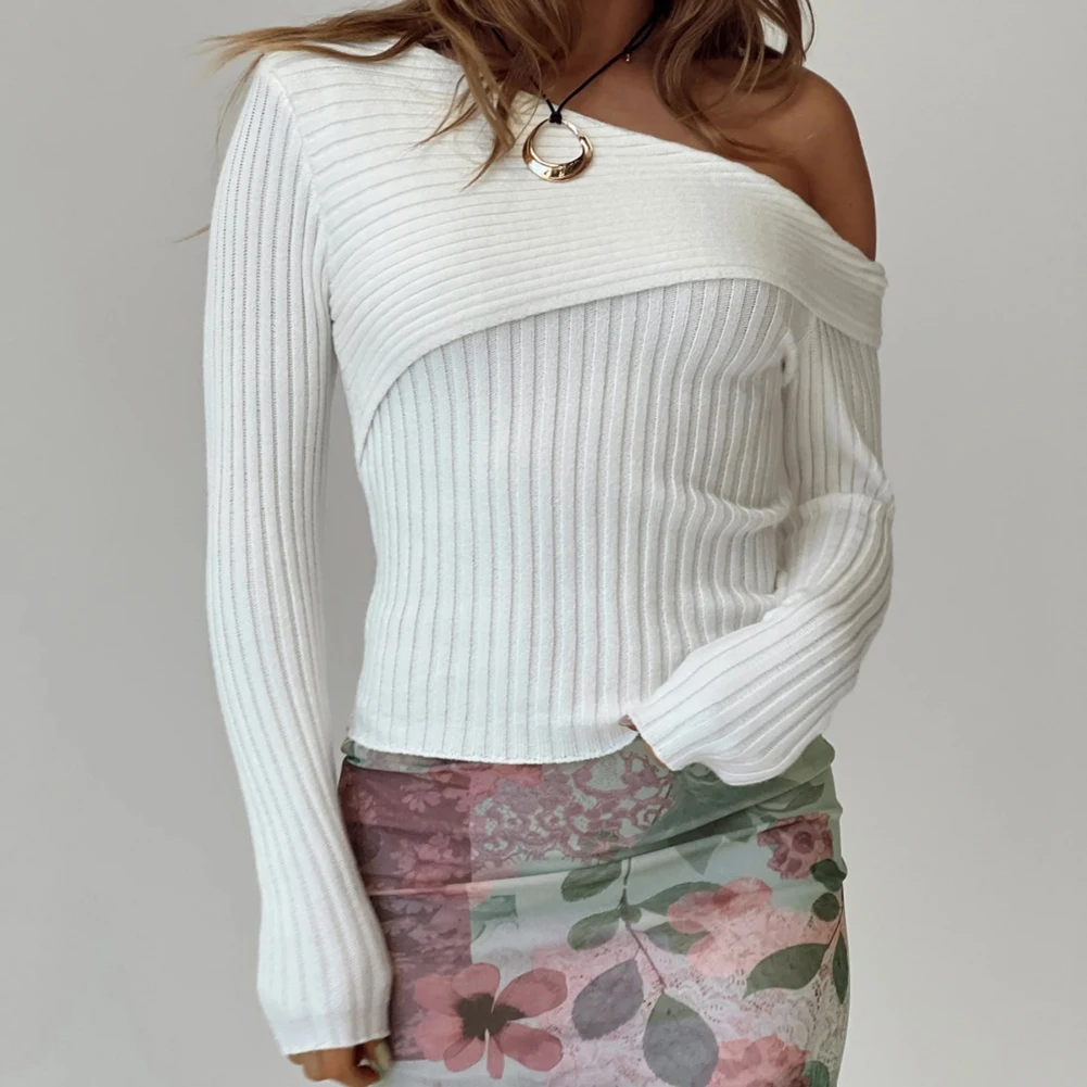 

Female Autumn Pullover Slim Slanted Shoulders Long Sleeve Sweater Women Lapel Knitwear Strip Top Sexy Elegant Solid Pullovers