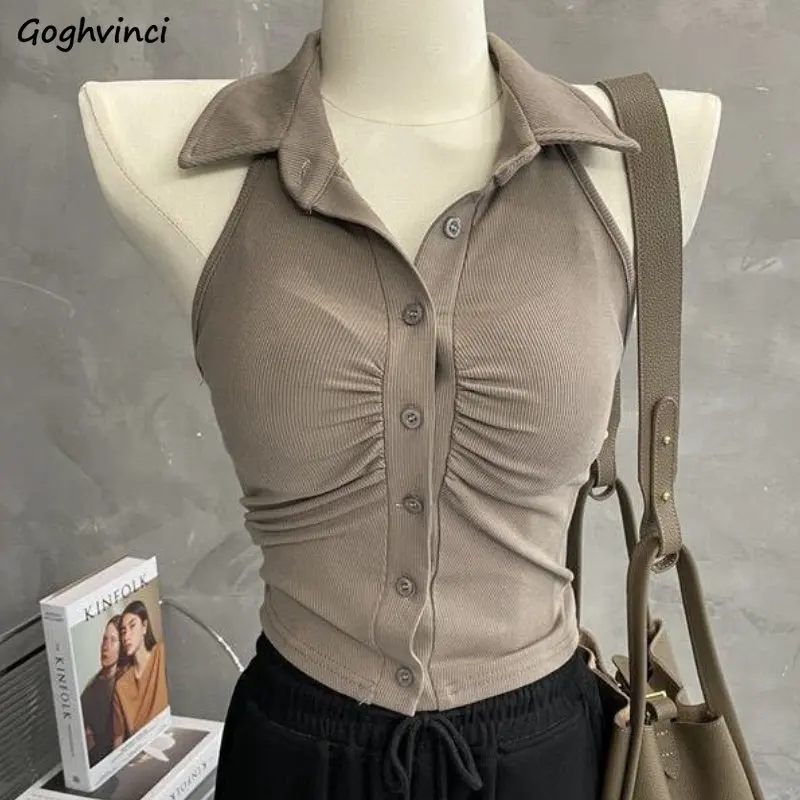 Майка женская облегающая на пуговицах, элегантная однотонная Повседневная простая блуза с отложным воротником в винтажном стиле, элегантный дамский Топ в стиле Ins на лето