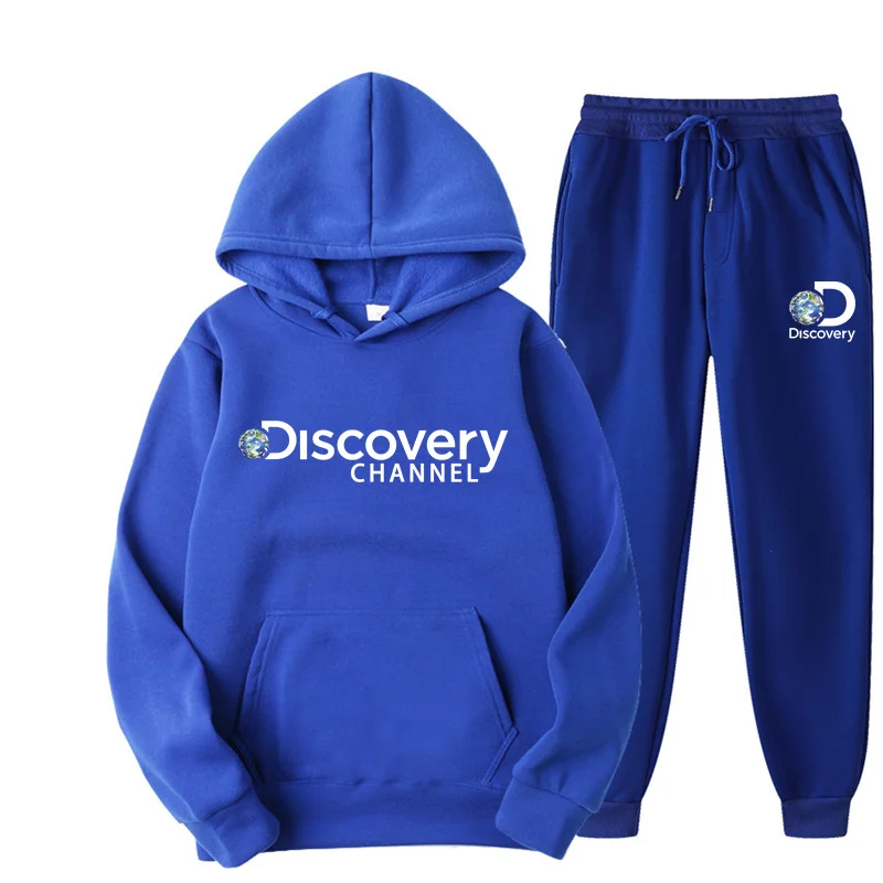 

Discovery channel men Hooded Sports Suit Women Casual Solid Color Hoodie and Pants 2 Pieces Set Fleece Sportswear Jogging Suits