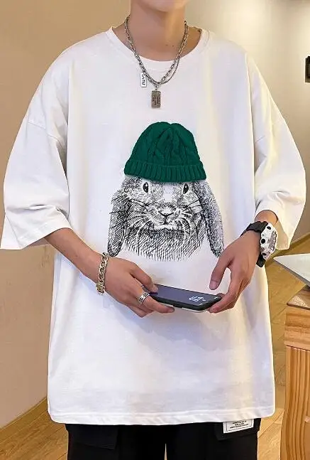 

New Men's Solid Color Individuality Picture Short-Sleeve Round Colar Cotton Blend Loose T-Shirt ABD479