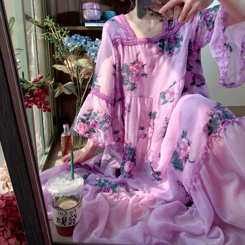 Dress For Women Spring Summer Dress Korean Fashion Elegant Flare Sleeve Floral Embroidery Oversized Purple/Pink Maxi Dress