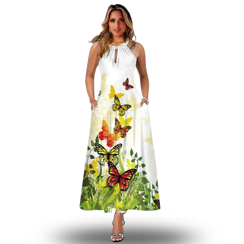

Summer Vintage Long Dress Women Casual Elegant Halter Sleeveless Loose Butterfly Printing Vestidos Party Holiday Beach Dresses