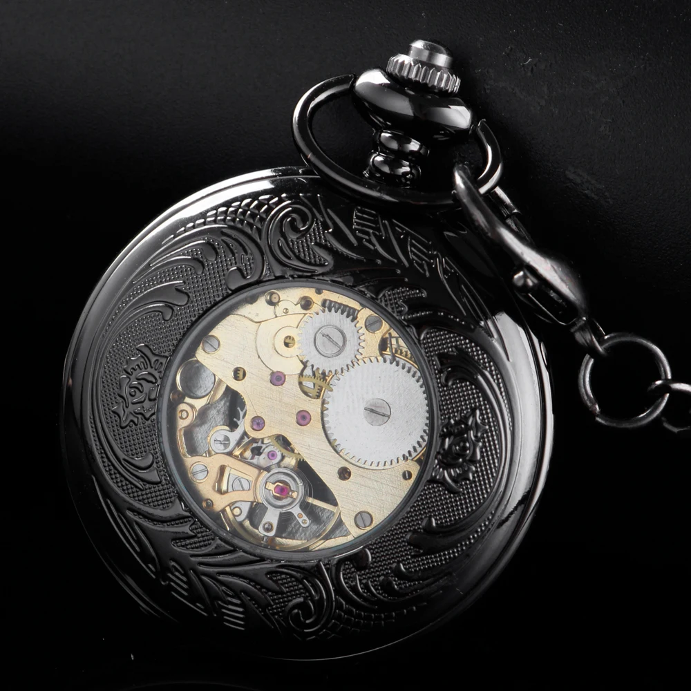New Black Sculpture Pocket Watch Mechanical Men's Handwind Steam Punk Necklace Fob Watch Chain Roman Digital Clock Women's Men