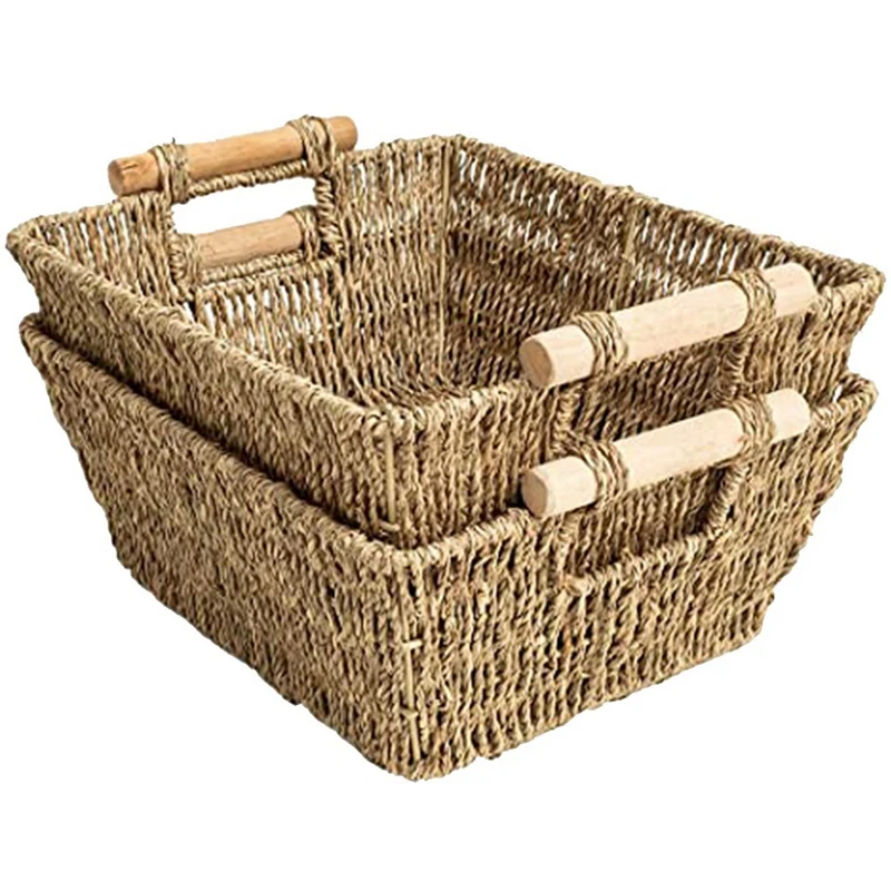 

2Piece Handmade Woven Wicker Storage Baskets Toilet Paper Towel Holder Basket With Wooden Handles