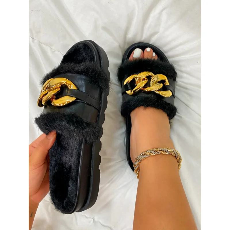 2023 New Plush Slippers Fashion Open Toe Solid Color Women's Sandals Metal Chain Outdoor Casual Women's Shoes  Fashion Shoes
