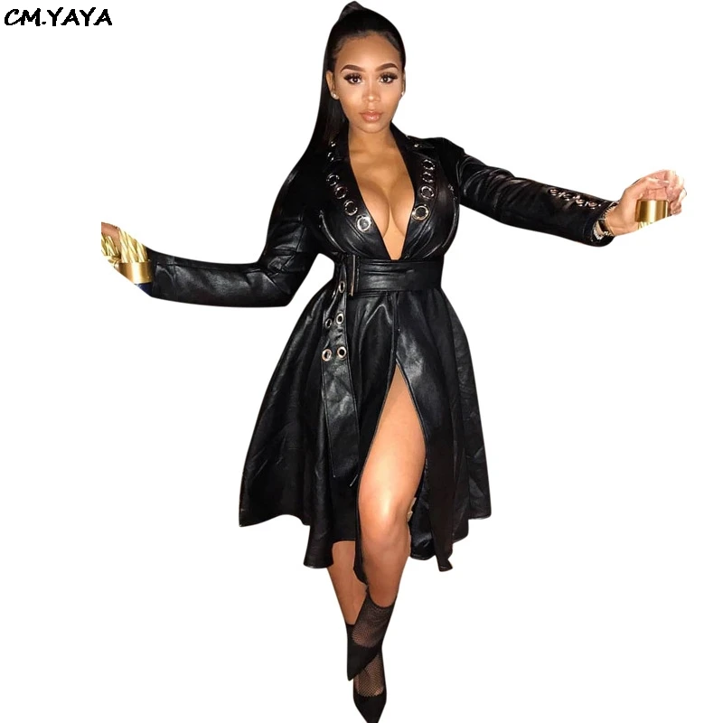 

Женское длинное плиссированное платье-жакет из искусственной кожи, с длинным рукавом, глубоким V-образным вырезом и поясом, 2022