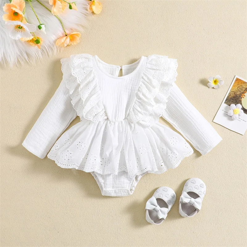 

Baby Girl Romper Dress Ruffle Patchwork Long Sleeve Crewneck Solid Color Bodysuit Newborn Clothes