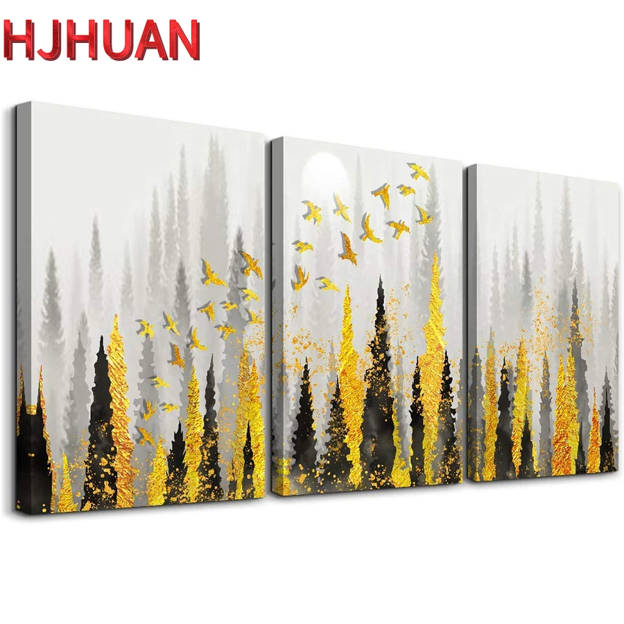 

Скандинавская абстрактная Золотая пейзажная алмазная живопись, круглая, квадратная дрель, настенная художественная картина, украшение для дома, подарок на день рождения, 3 шт.