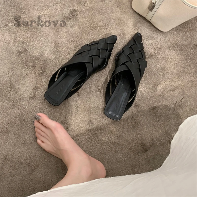 Concise Pointed Toe Woven Pumps Solid Black Flat with Slip-On Sandals and Slippers Women's Summer Mules Shoes New Half Slippers