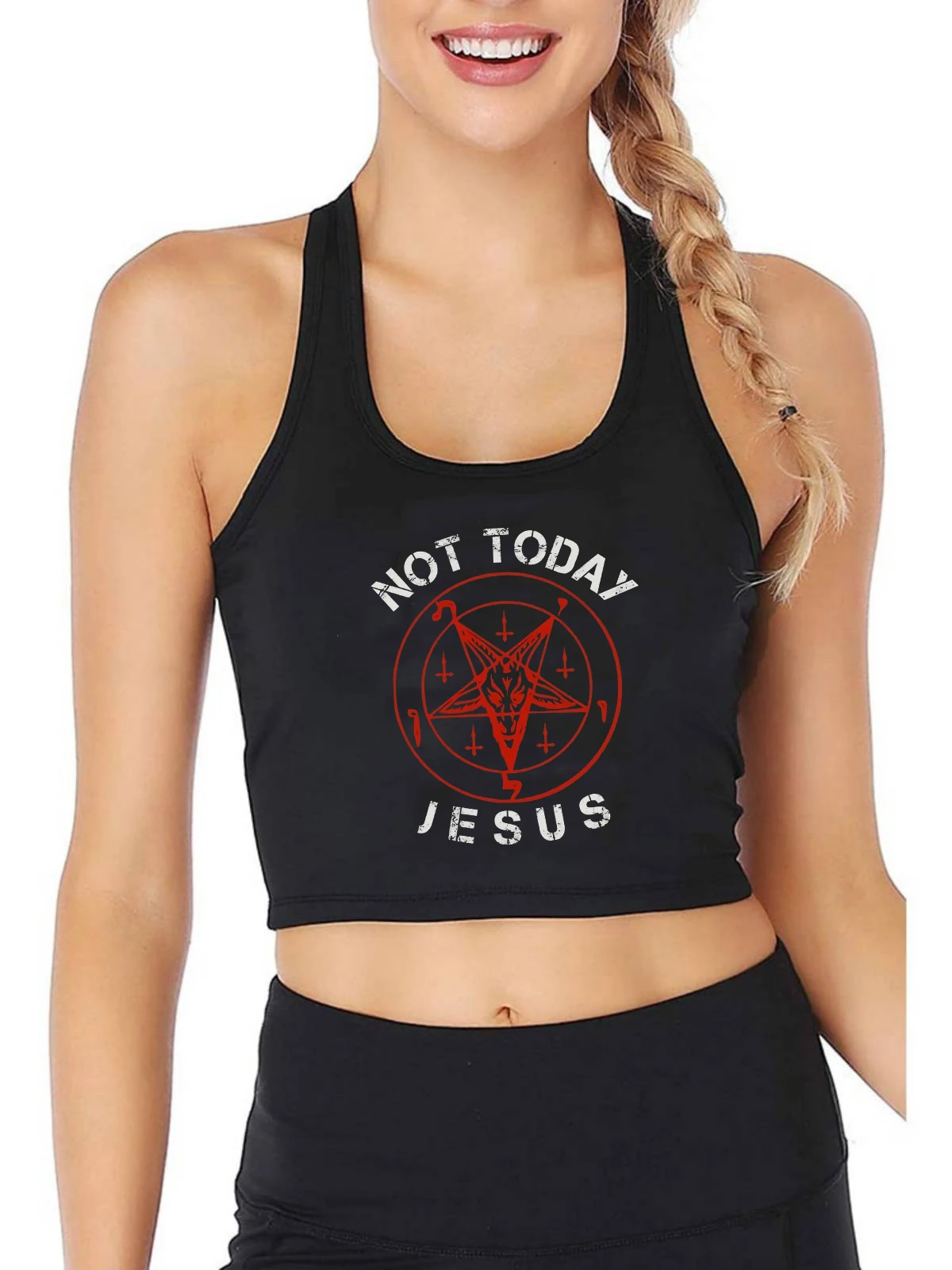 

Not Today Jesus Print Satan Pentagram Red Design Tank Tops Women's Personality Breathable Slim Fit Crop Top Gym Camisole