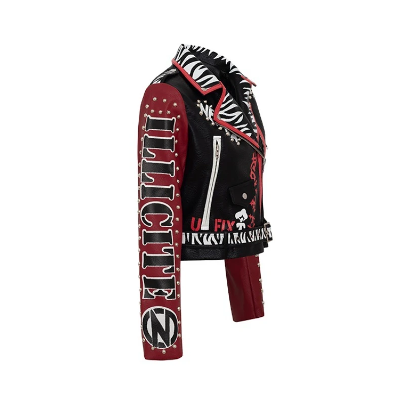 Graffiti Print Motorcycle Leather Jacket Women 2023 Trend Punk Rivets Streetwear Black Red Stitched Faux Leather Cropped Jacket