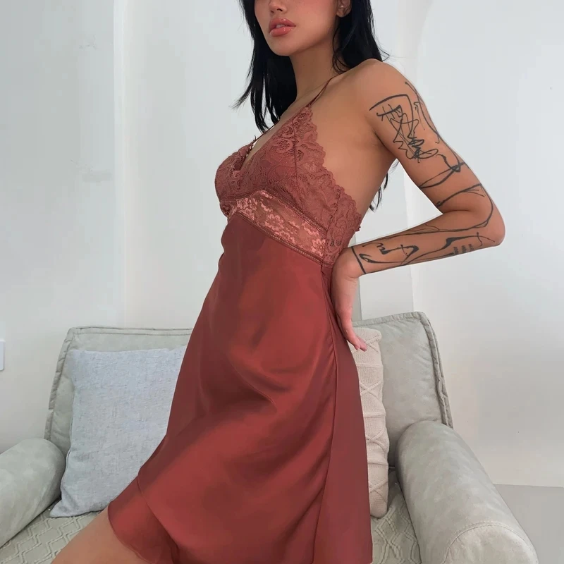 Женская атласная пижама Сексуальная кружевная тонкая ночная рубашка