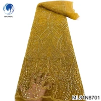 2022 high quality gold nigerian lace fabric with noble dress super luxurious full length beaded embroidery with sequins ml81n87